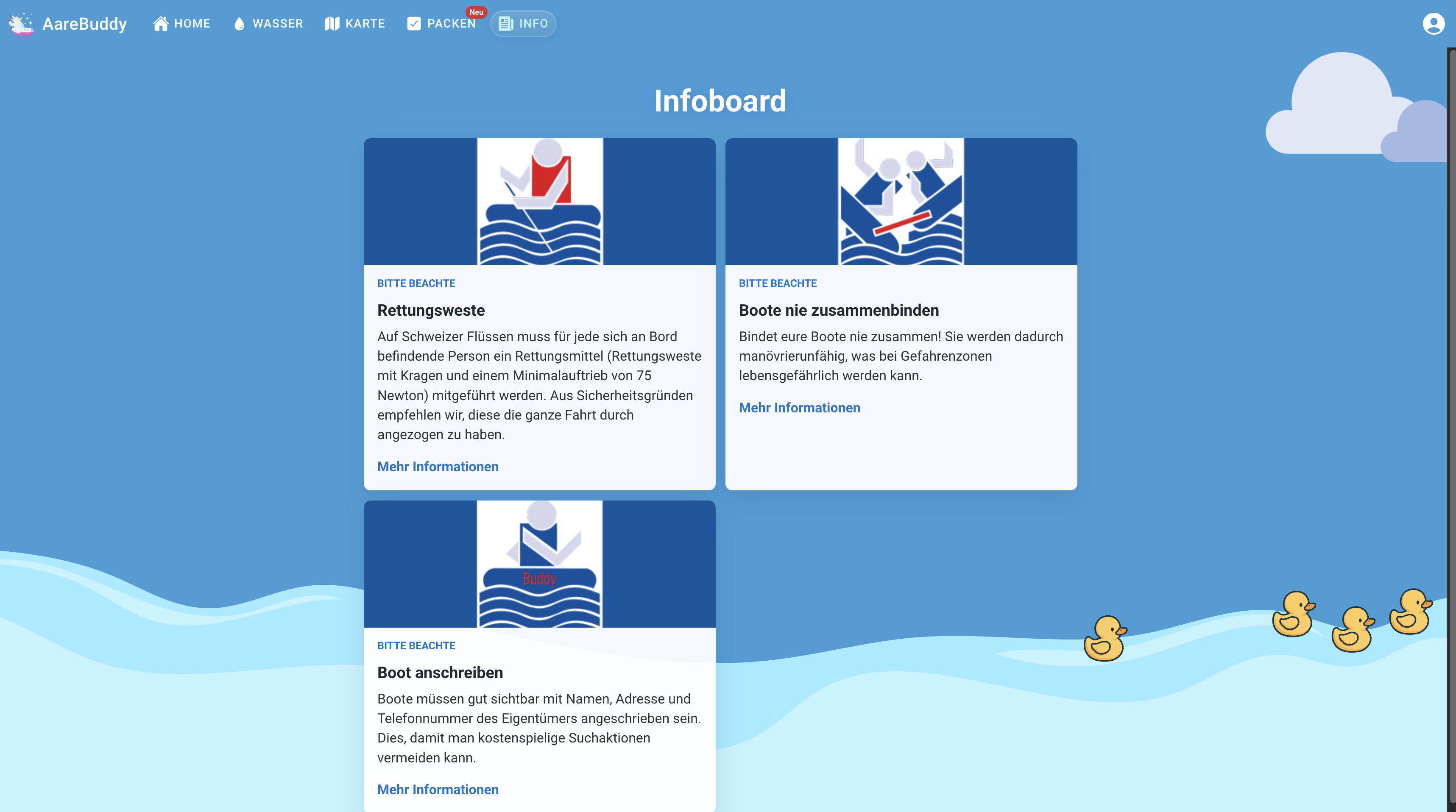 AareBuddy infoboard screen with river safety cards about life jackets, boat handling and labeling.