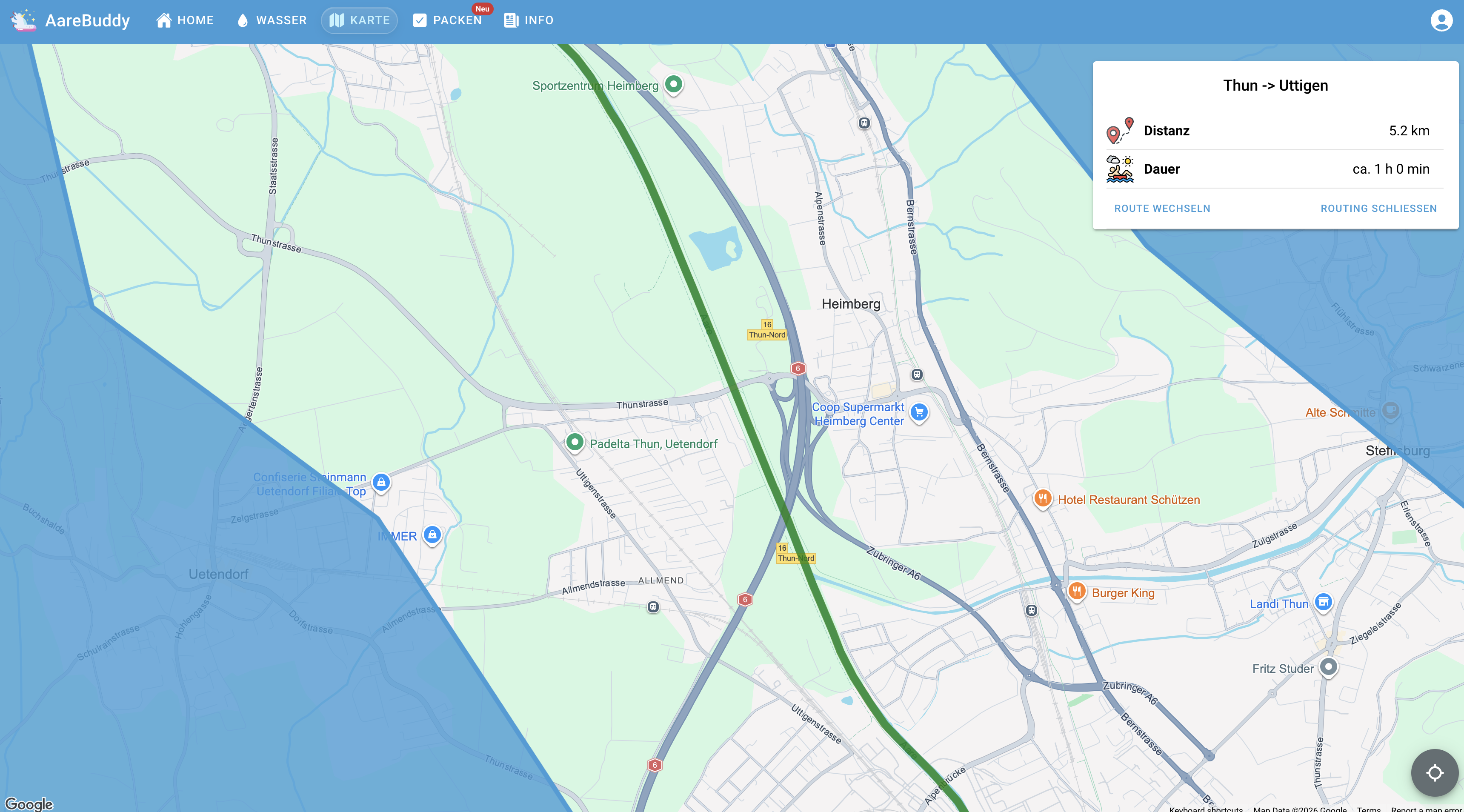 AareBuddy map screen with a selected route from Thun to Uttigen and estimated trip details.