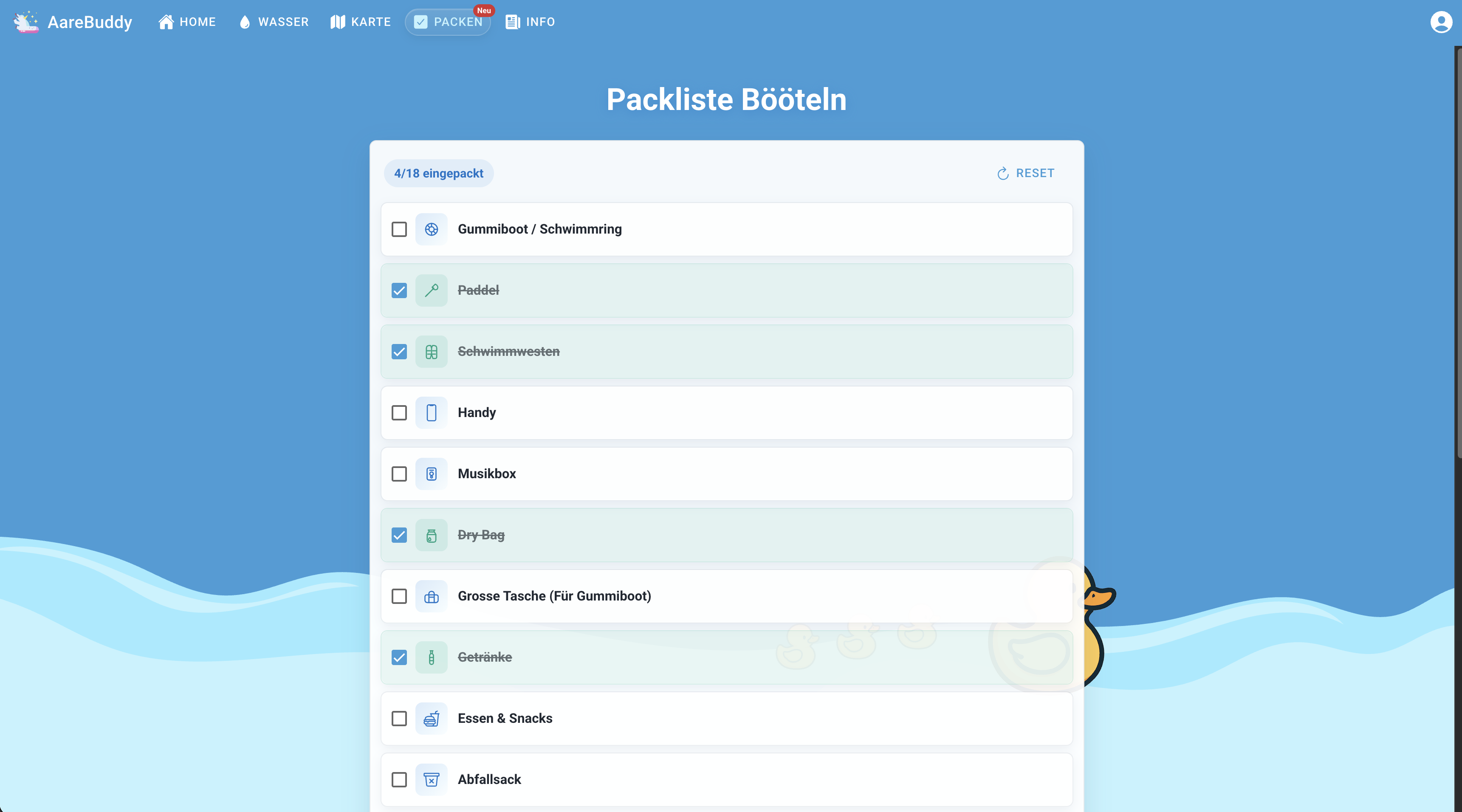 AareBuddy packing list screen for boating essentials with checklist items.