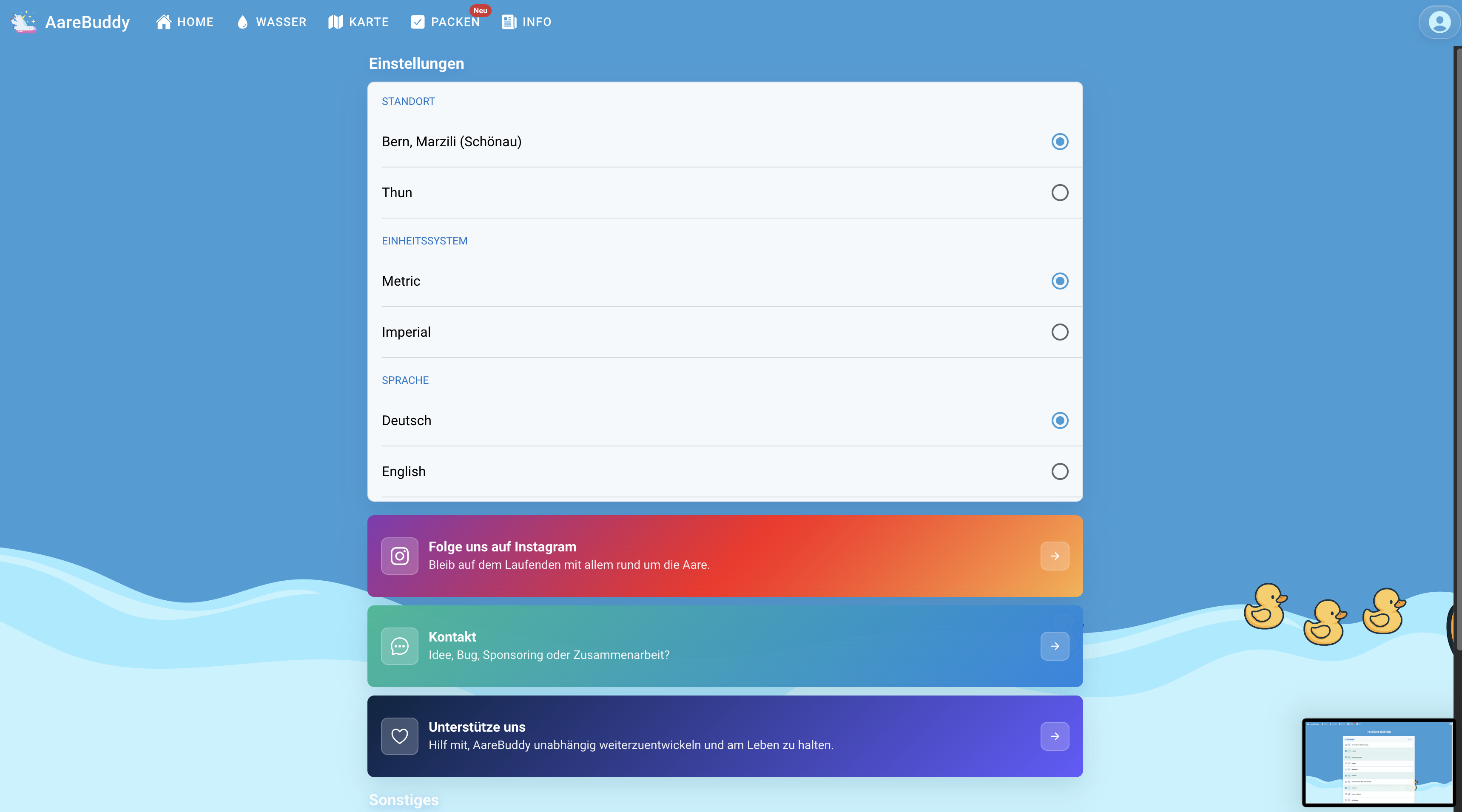 AareBuddy settings screen with location, unit system, language and support links.