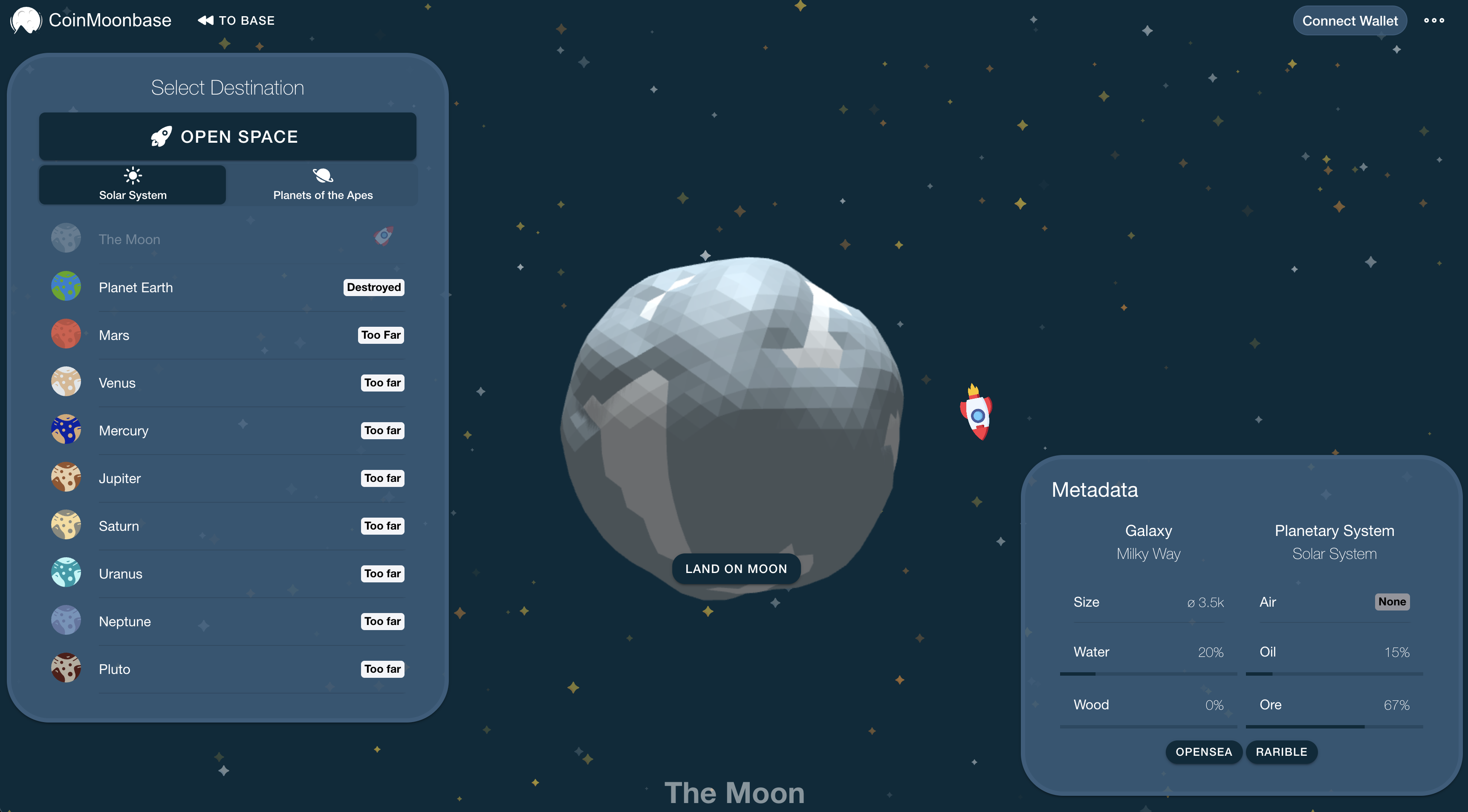 CoinMoonbase moonbase scene with top coins, launch button and crypto billboard.