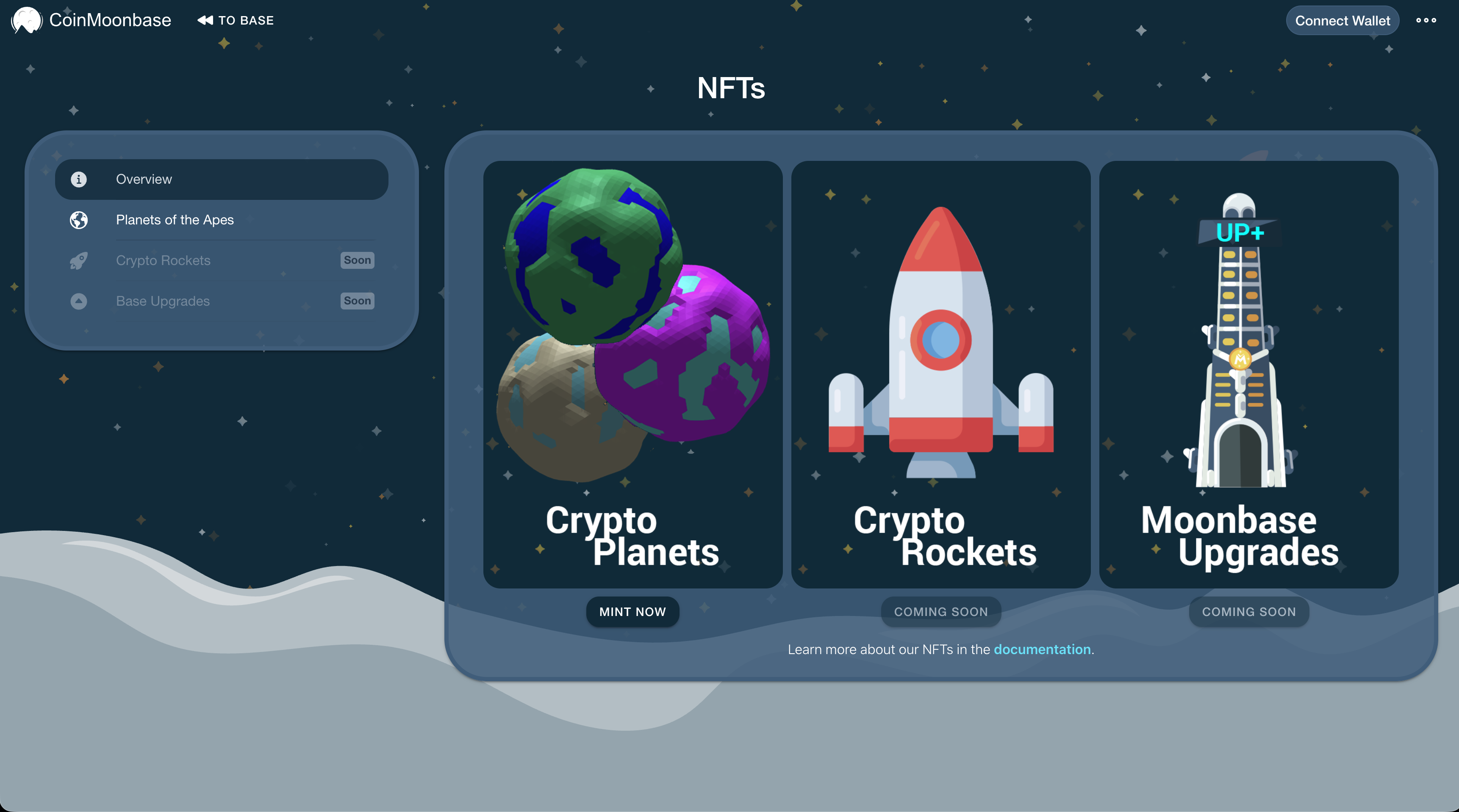 CoinMoonbase NFT screen with crypto planets, rockets and moonbase upgrades.