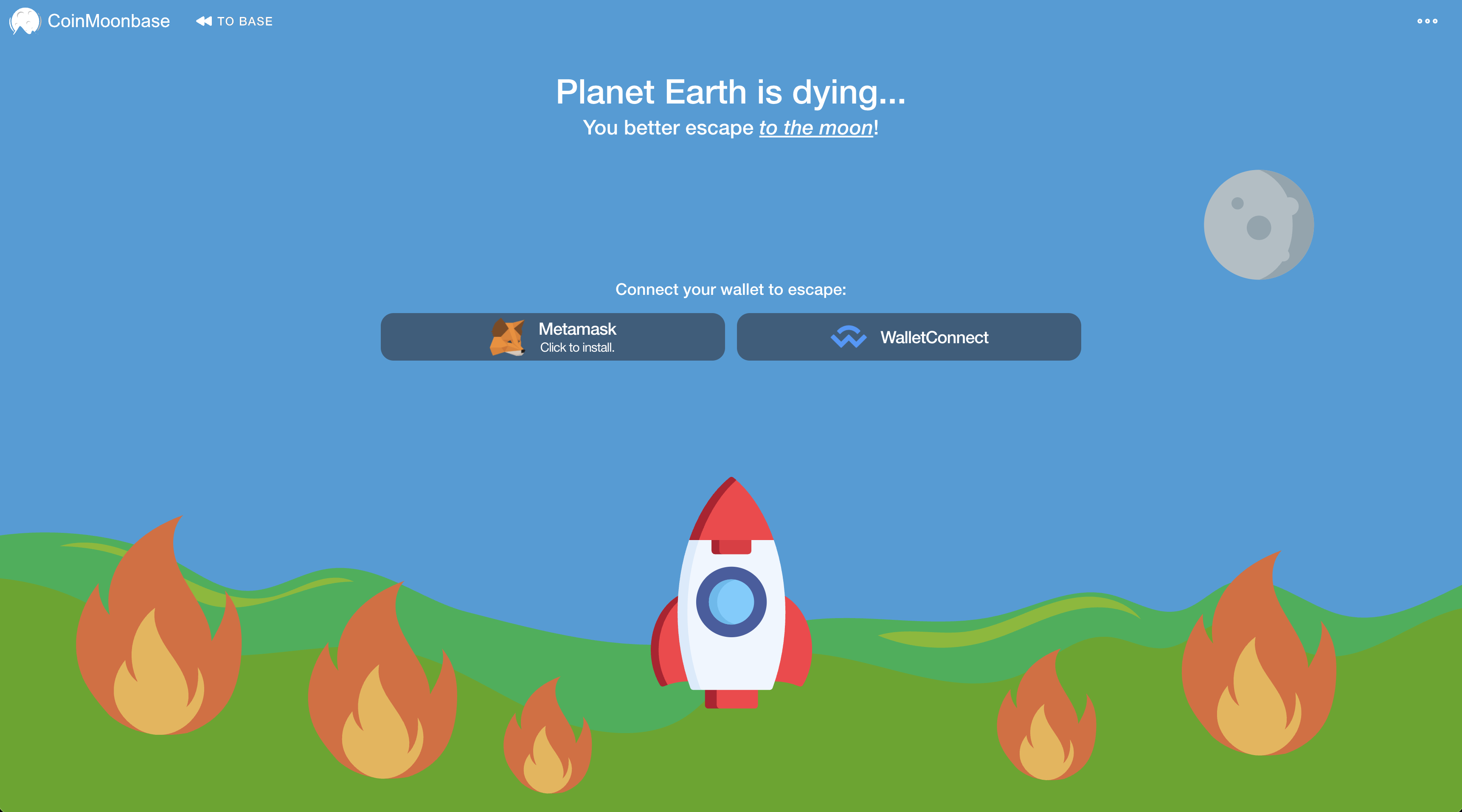 CoinMoonbase wallet connection screen with a rocket, moon and burning planet landscape.