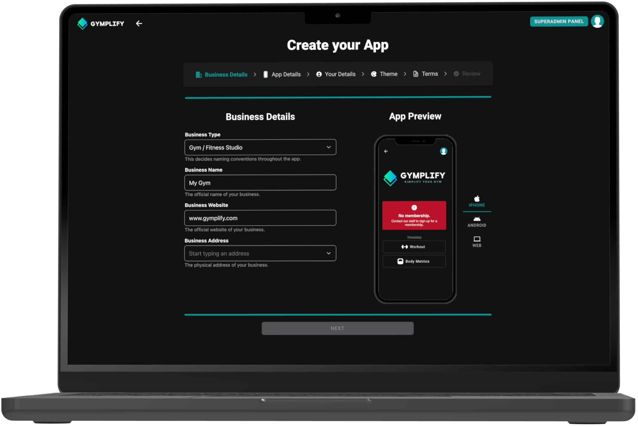 Gymplify superadmin create app wizard with business details and a mobile app preview.