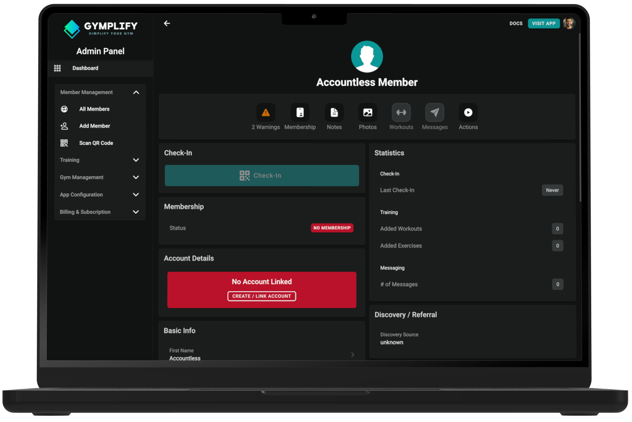 Gymplify accountless member profile with warnings, no membership state and account linking action.