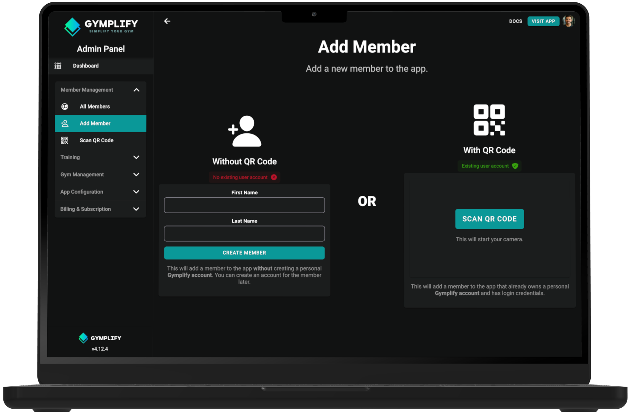 Gymplify add member screen with manual member creation and QR-code onboarding options.