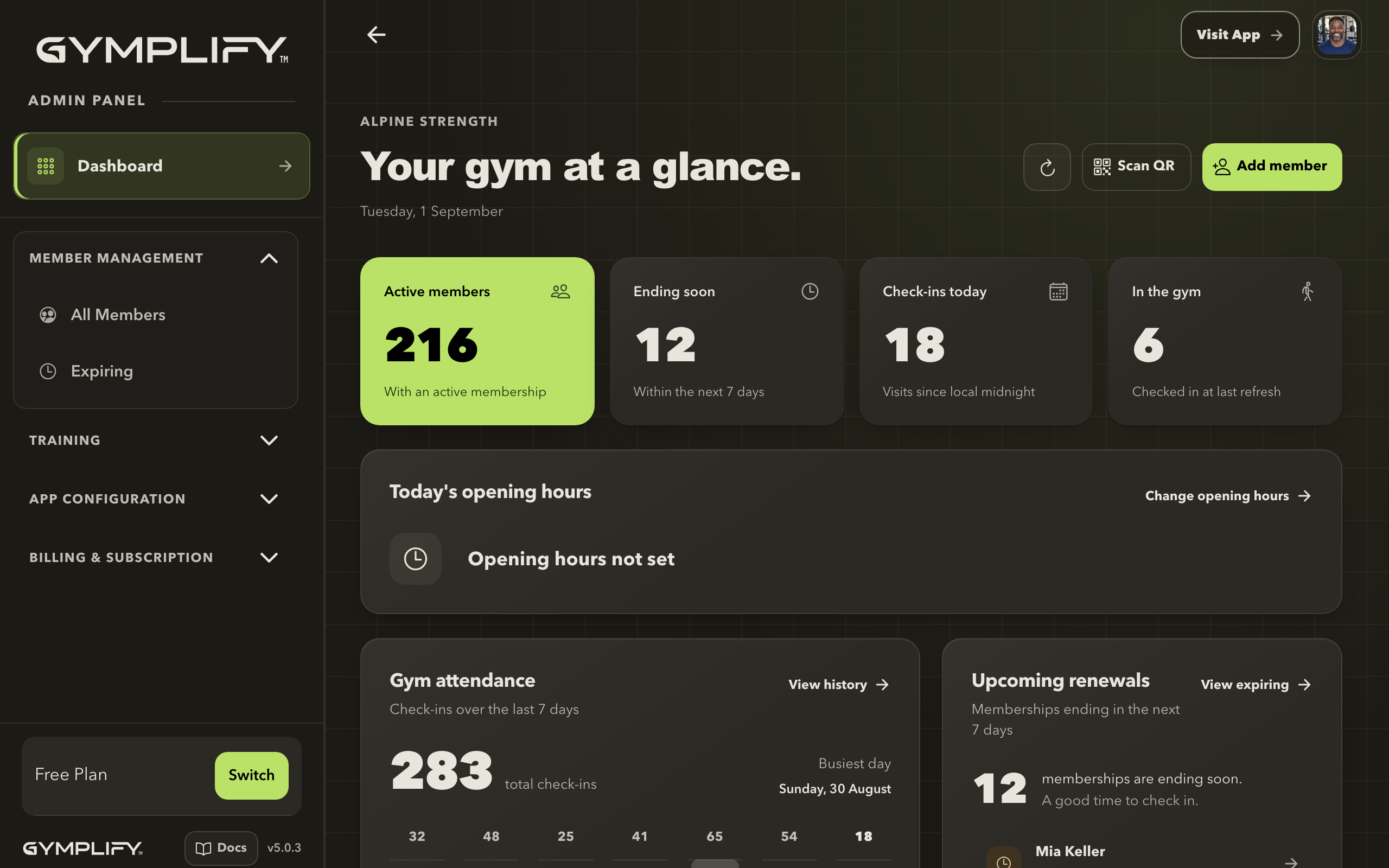 Gymplify admin dashboard shown in a browser.