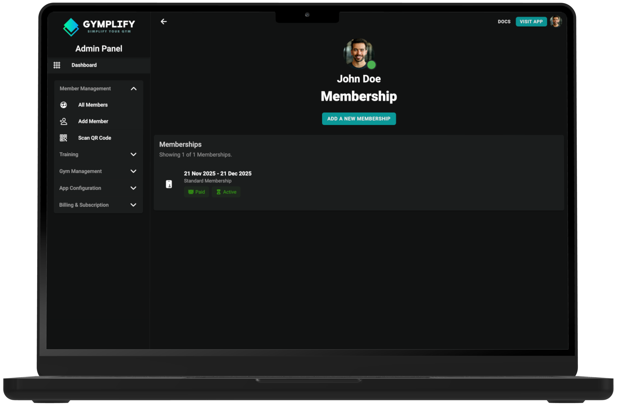 Gymplify member membership screen with active paid membership period and add-membership action.