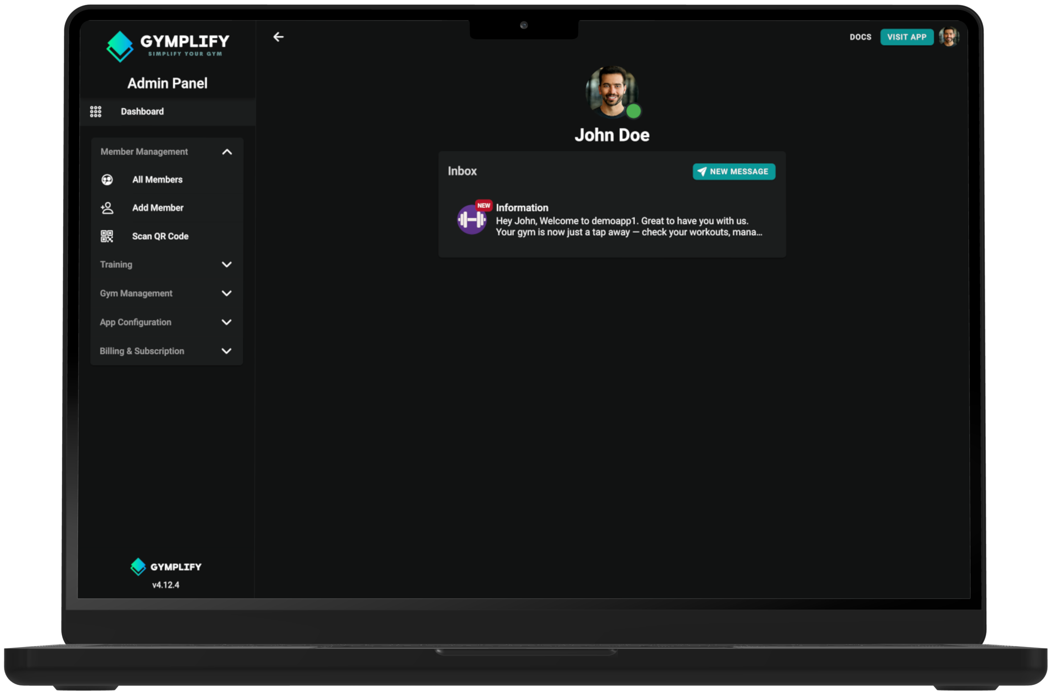 Gymplify member inbox screen with an information message and new message action.
