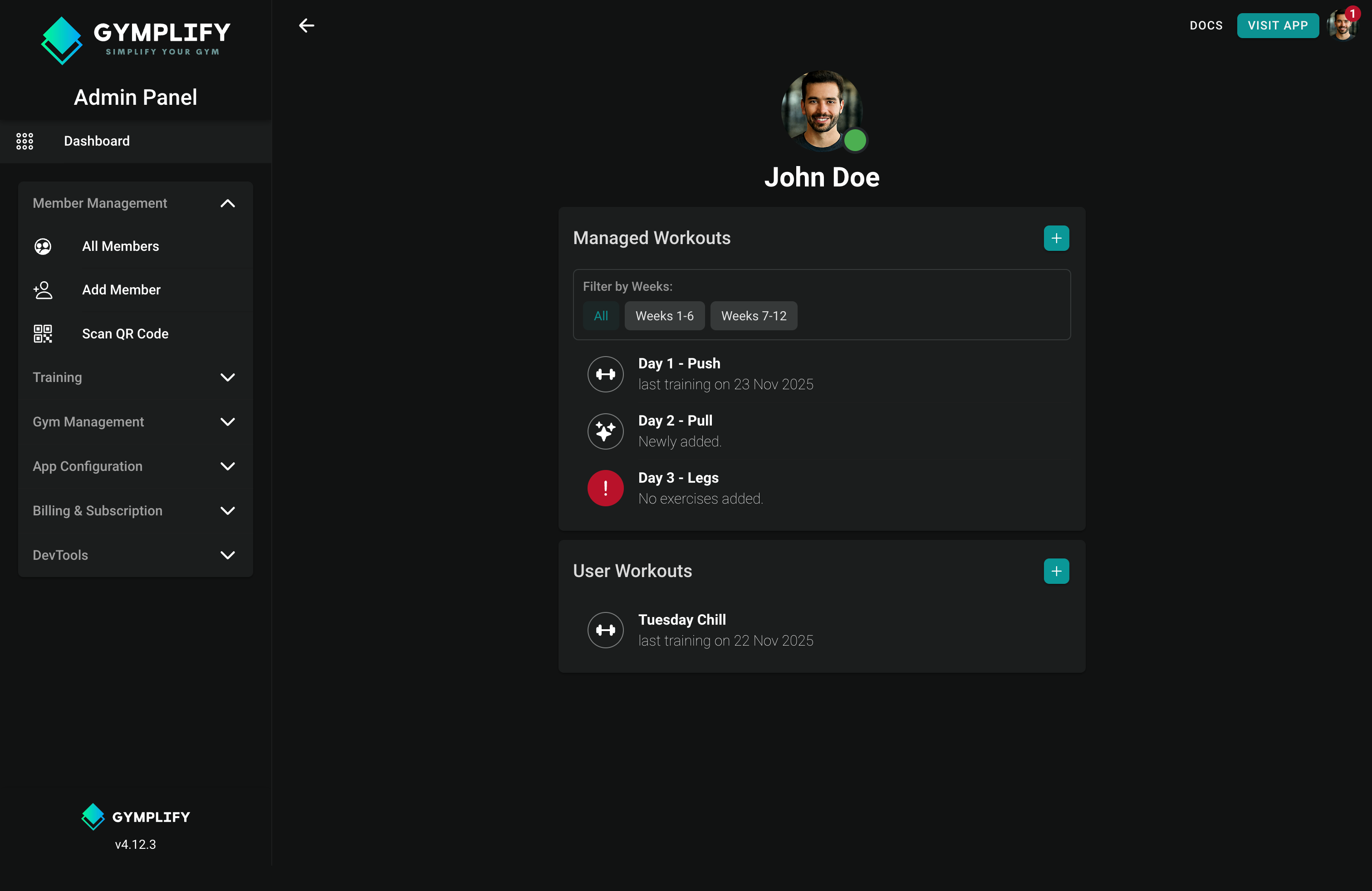 Gymplify admin training overview with managed workouts and user workouts for a member.