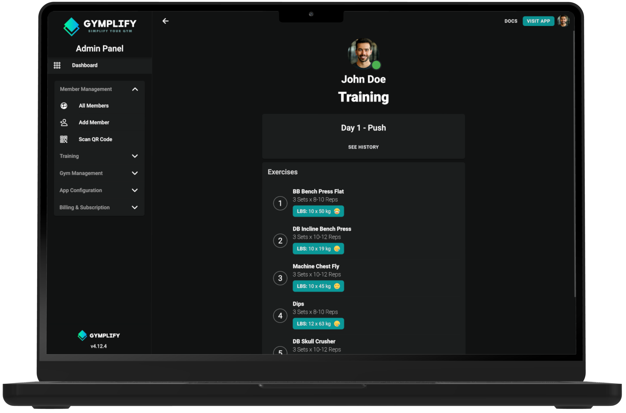 Gymplify workout exercise detail screen listing exercises, sets, reps and logged weights.