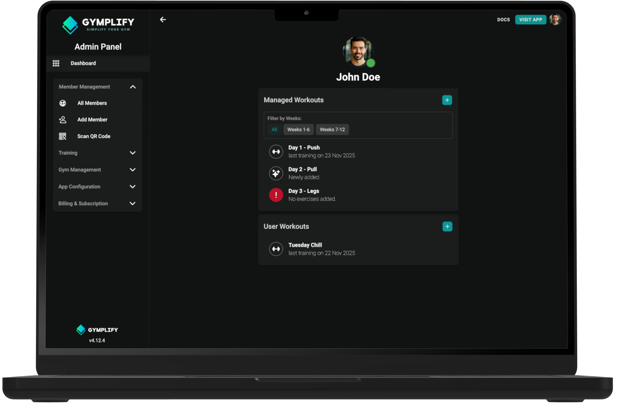 Gymplify member workouts screen listing managed workouts, week filters and user workouts.