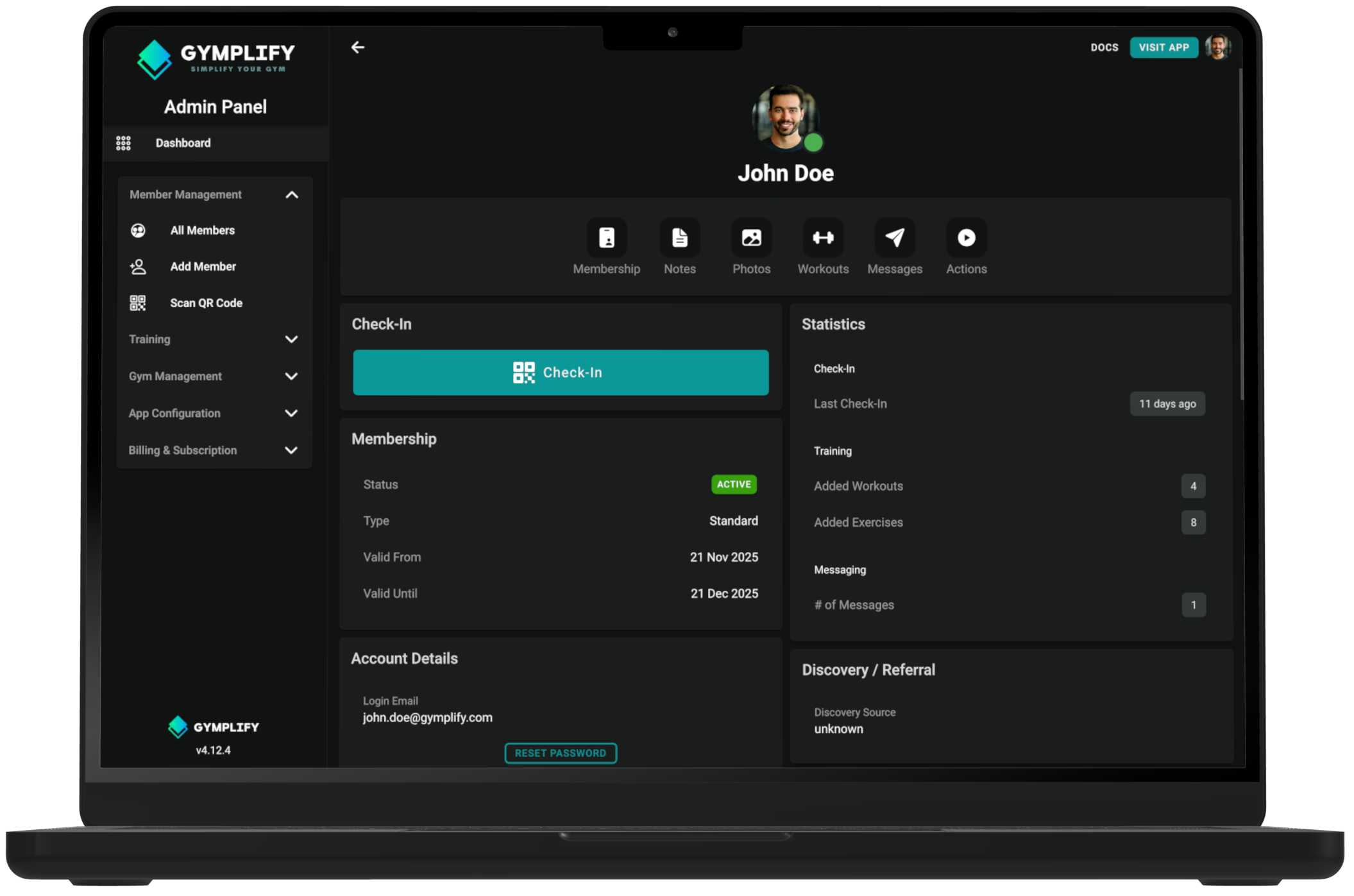 Gymplify admin member profile with check-in, membership status, statistics and account details.