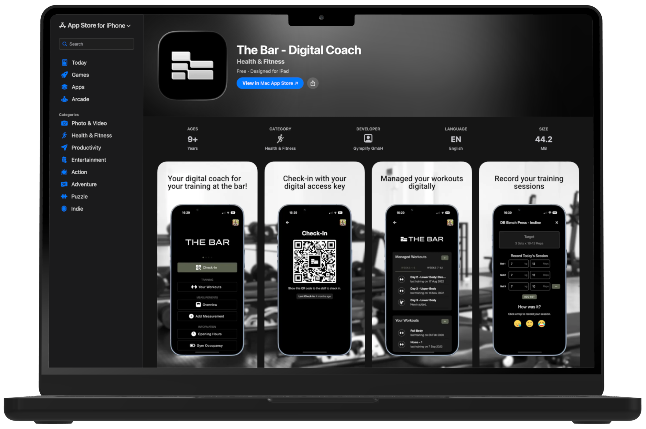 App Store listing for The Bar - Digital Coach with mobile screenshots for check-in, workouts and training sessions.
