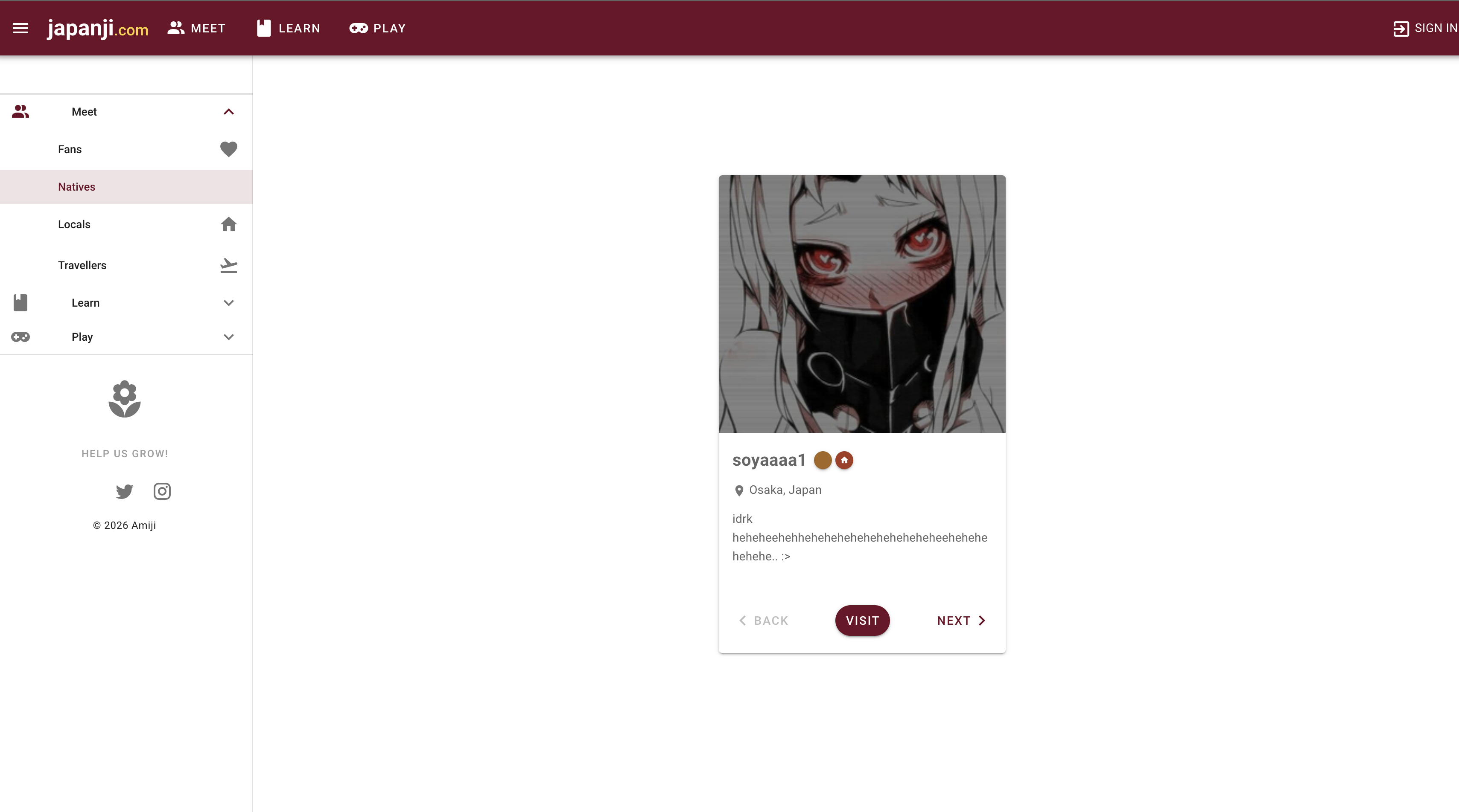 Japanji meet natives screen with a user profile card, location and visit controls.
