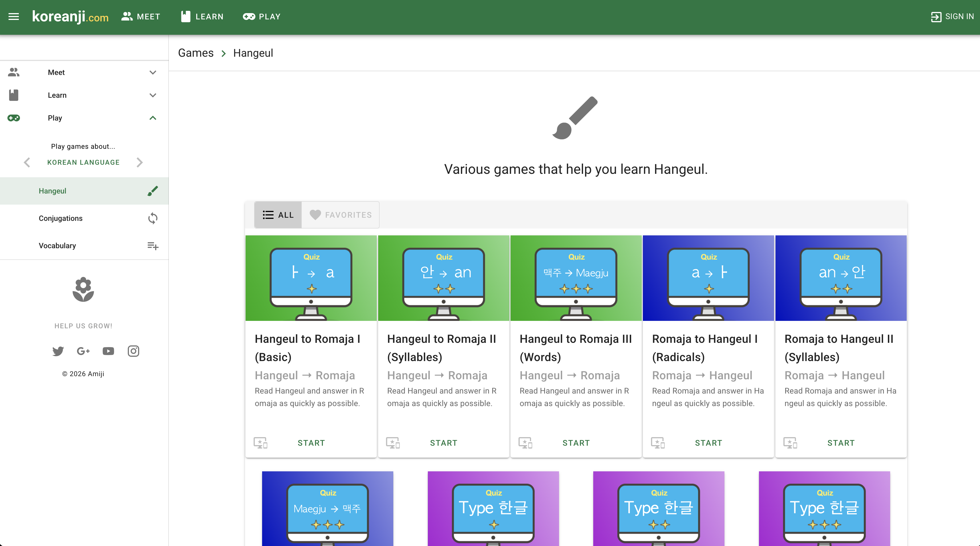 Koreanji Hangeul games screen with quiz cards for romanization and typing practice.
