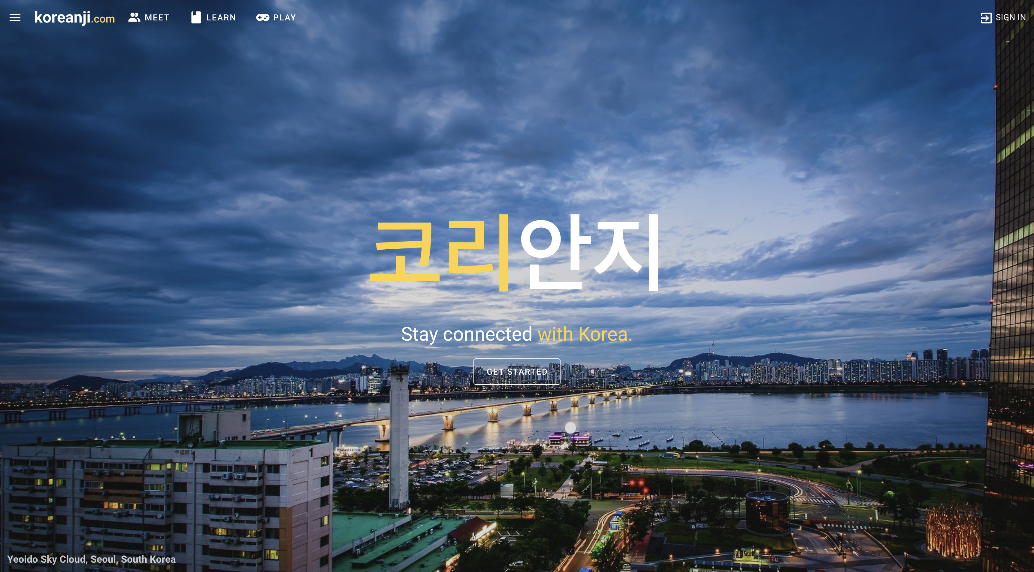 Koreanji landing page over a Seoul skyline with Koreanji branding and a get started button.