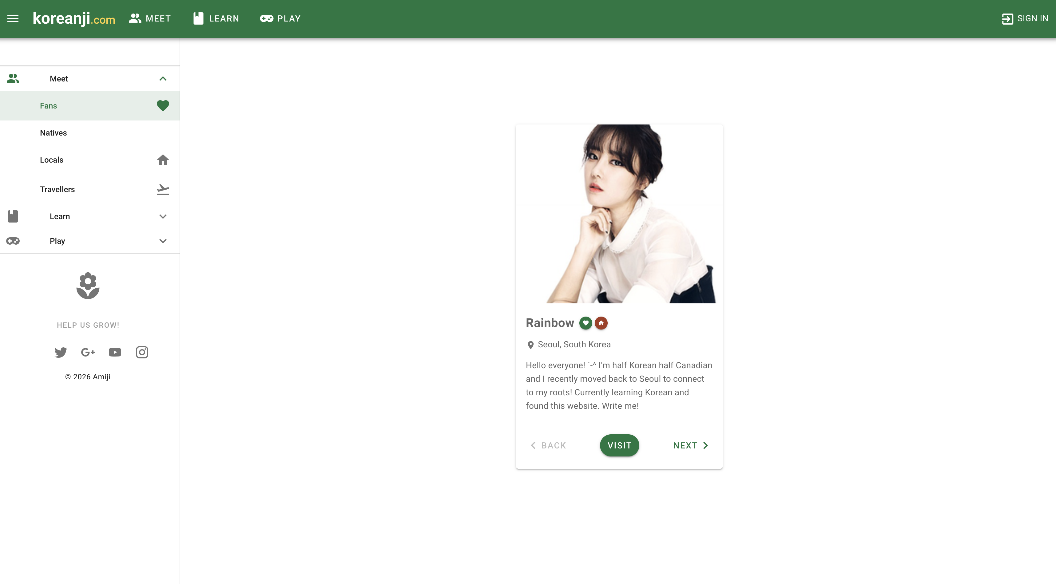 Koreanji meet fans screen with a user profile card, Seoul location and visit controls.