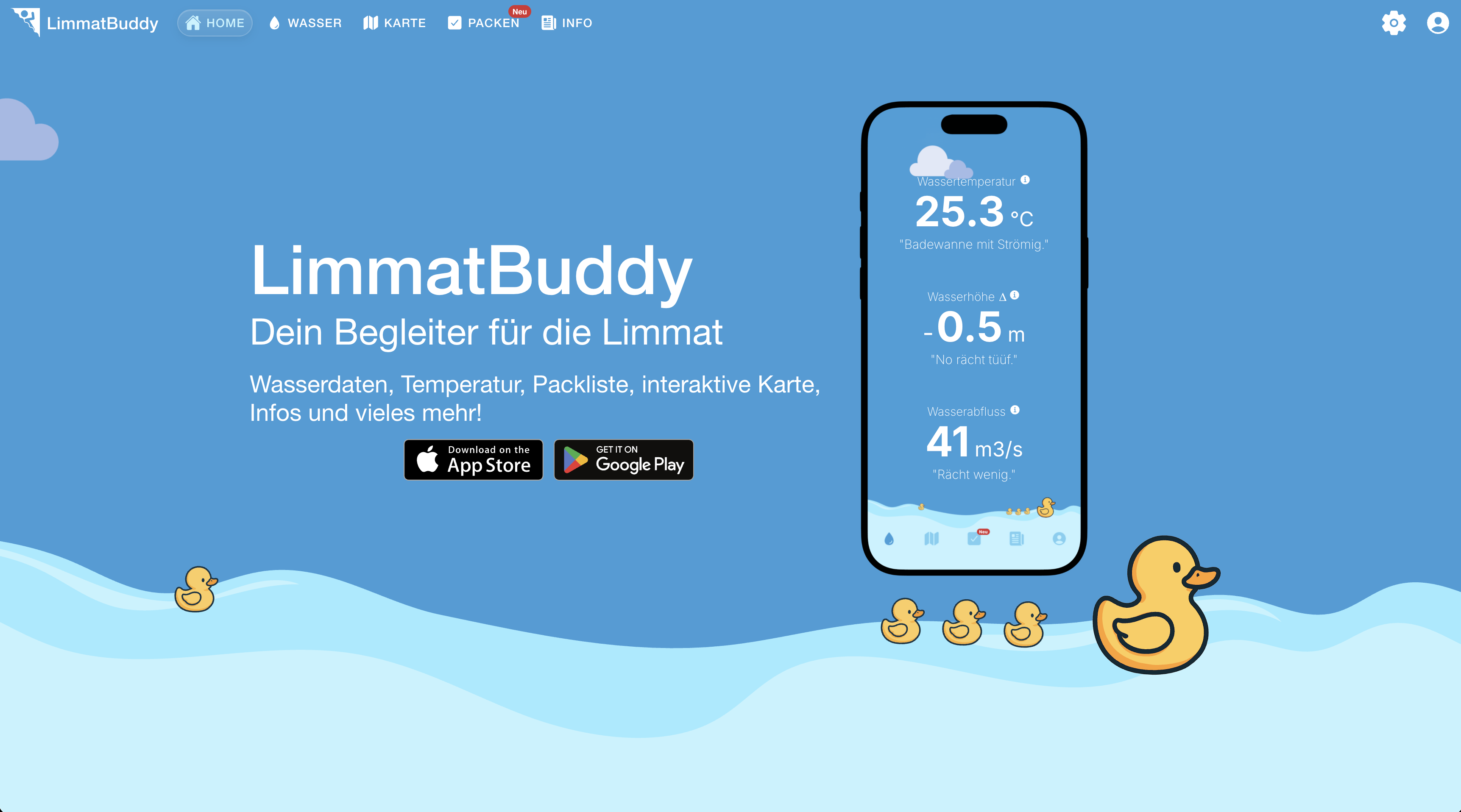 LimmatBuddy landing screen with app store badges and a phone preview of live river data.