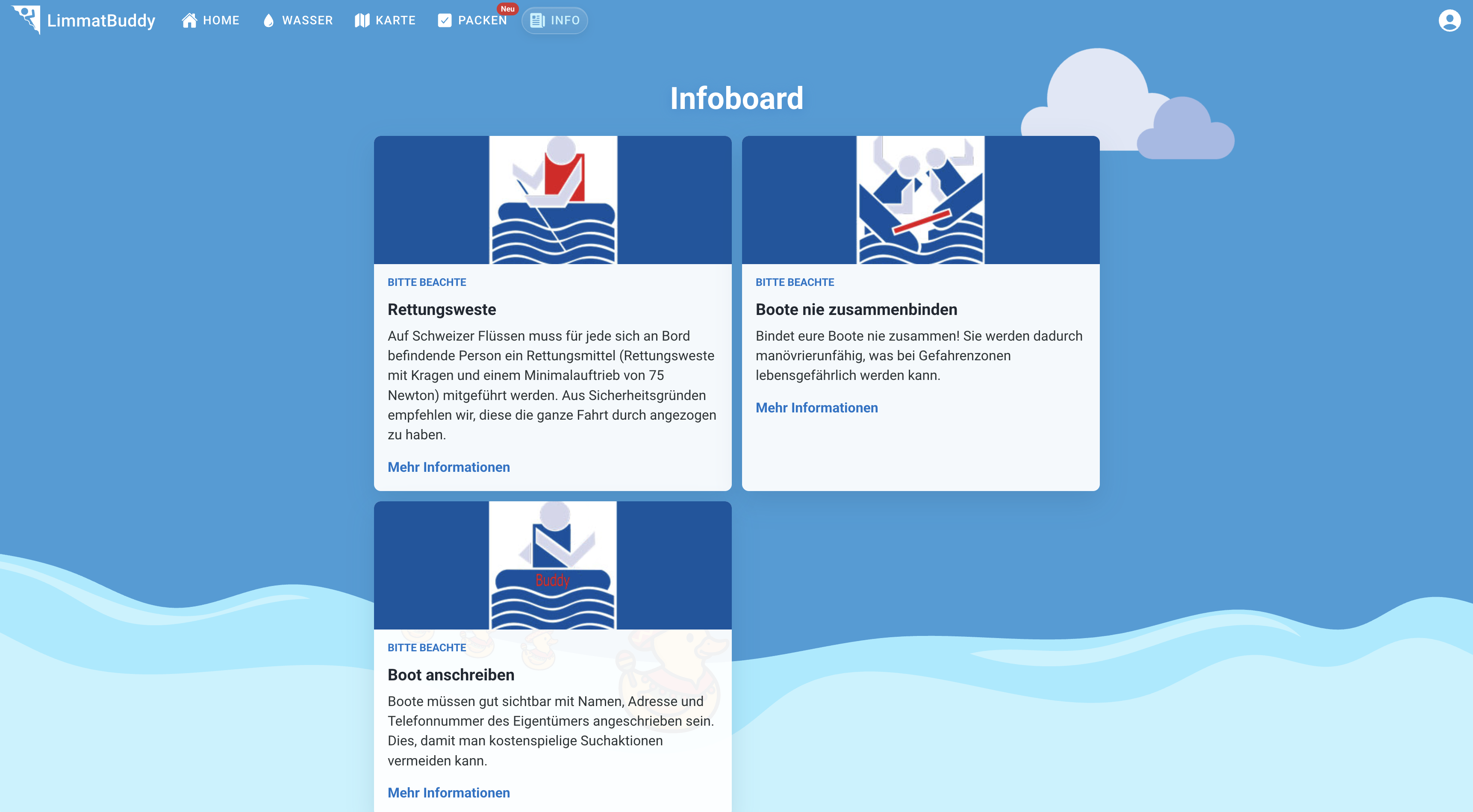 LimmatBuddy infoboard screen with river safety cards about life jackets, boat handling and labeling.