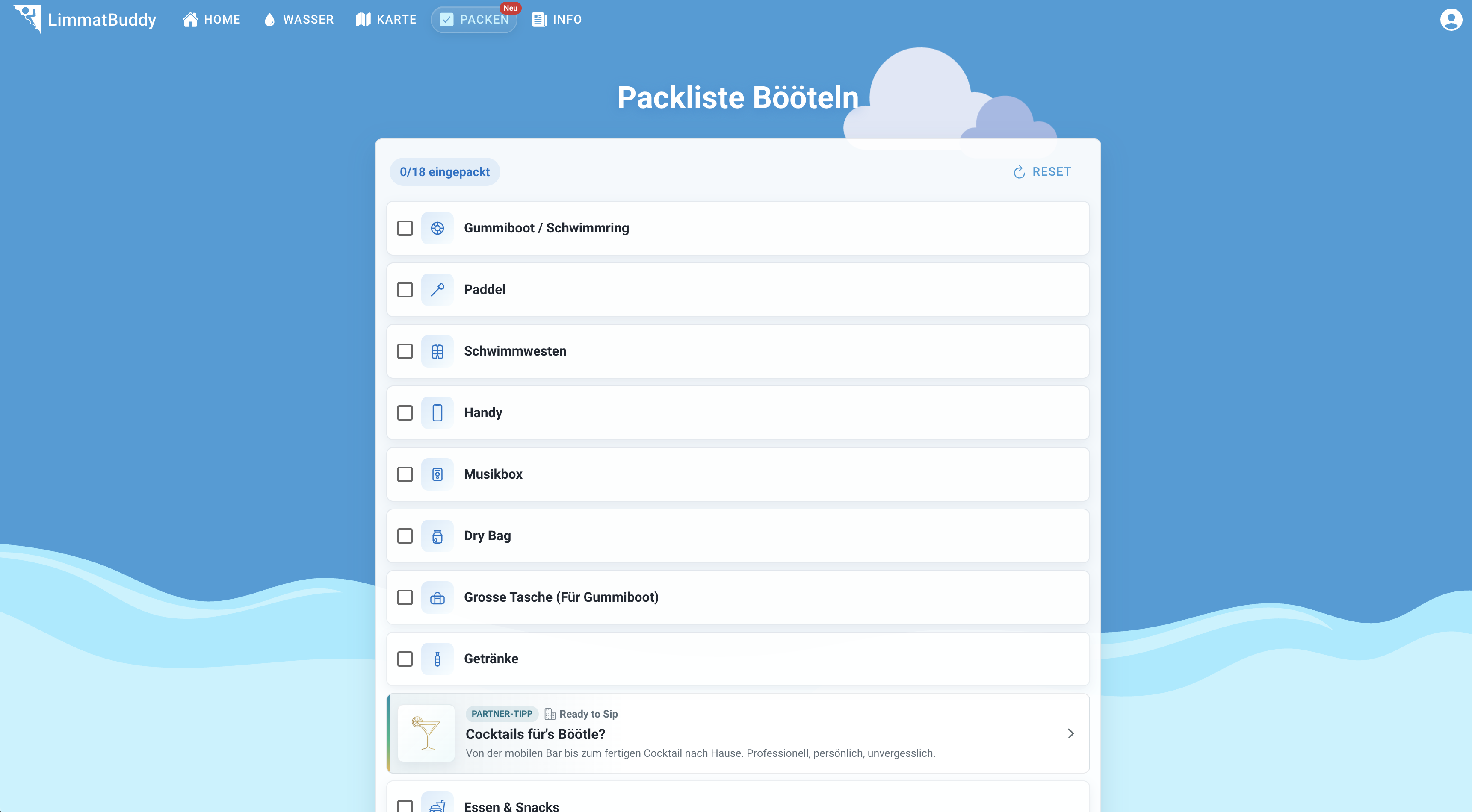 LimmatBuddy packing list screen for boating essentials with checklist items and a partner tip.