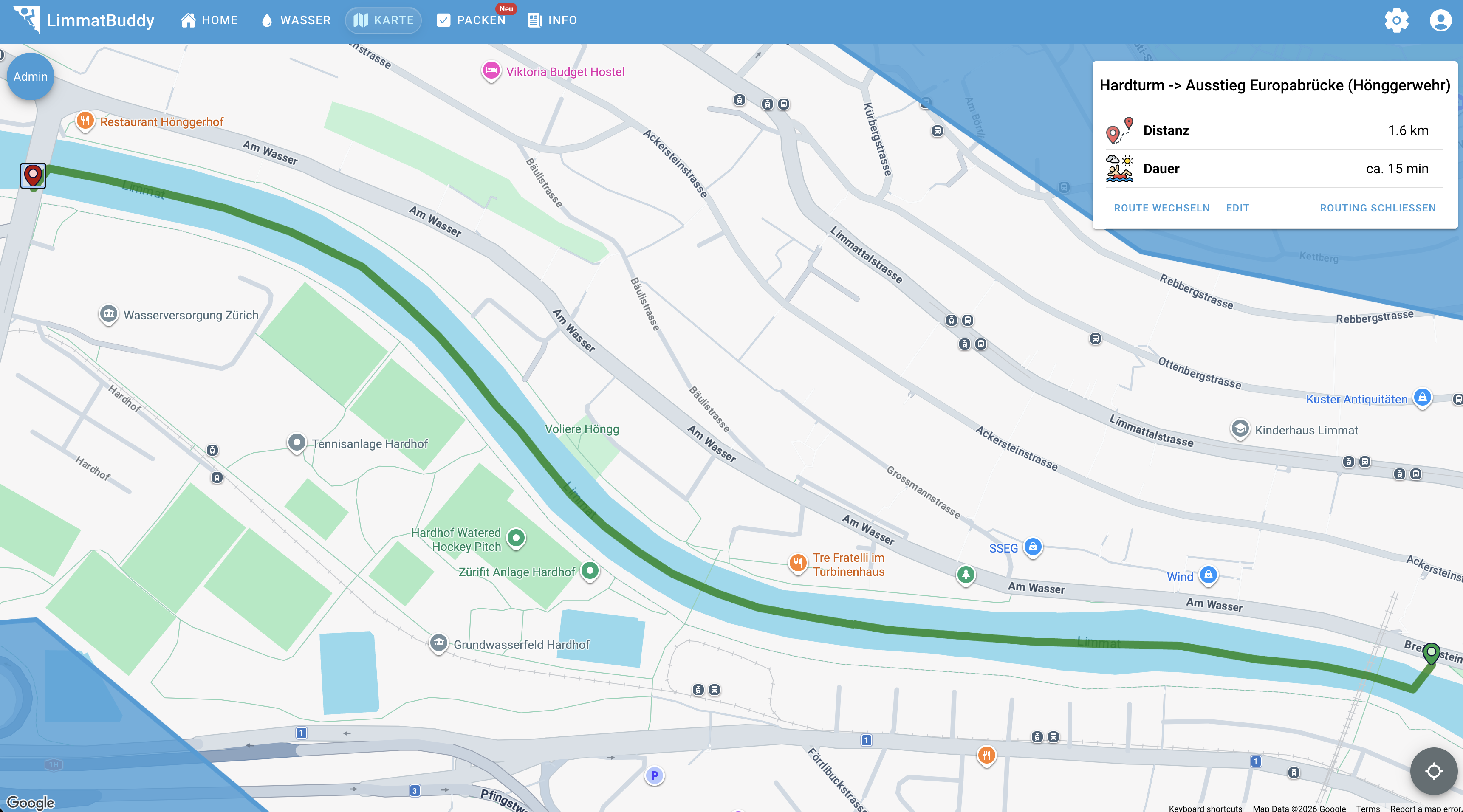 LimmatBuddy map screen with a selected route, distance and estimated duration panel.