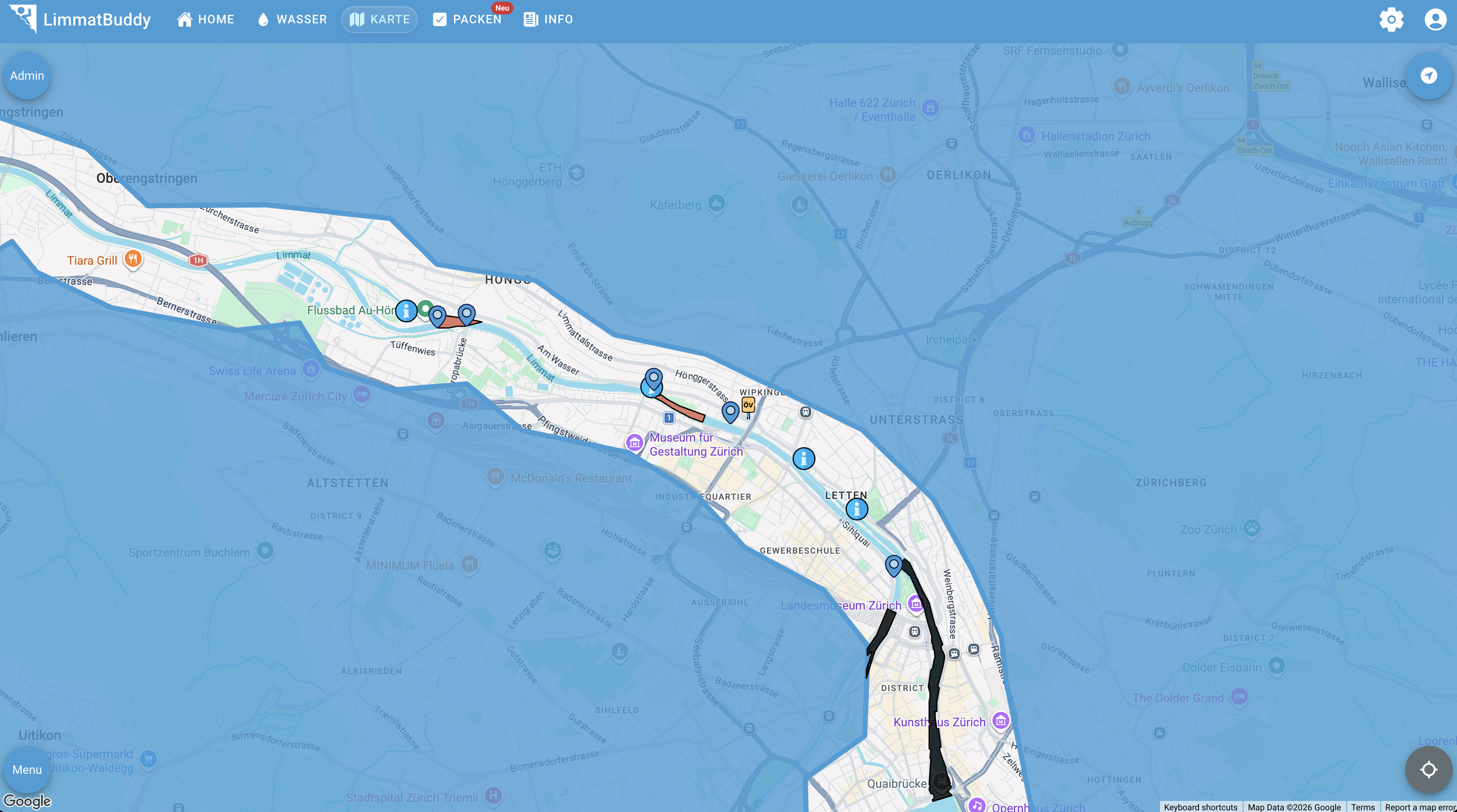 LimmatBuddy map overview with entry points, river corridor and route markers across Zürich.
