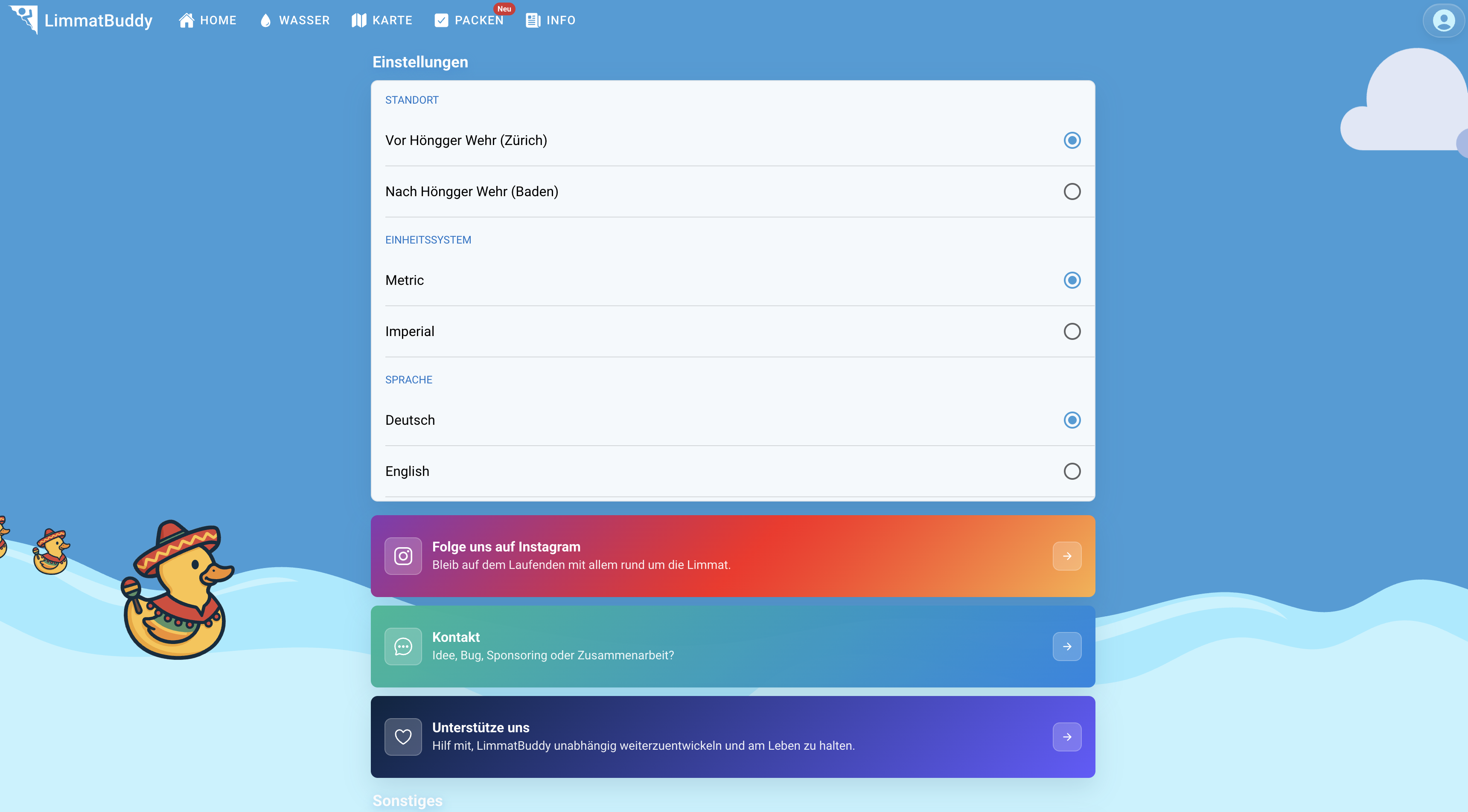 LimmatBuddy settings screen with route direction, unit system, language and support links.