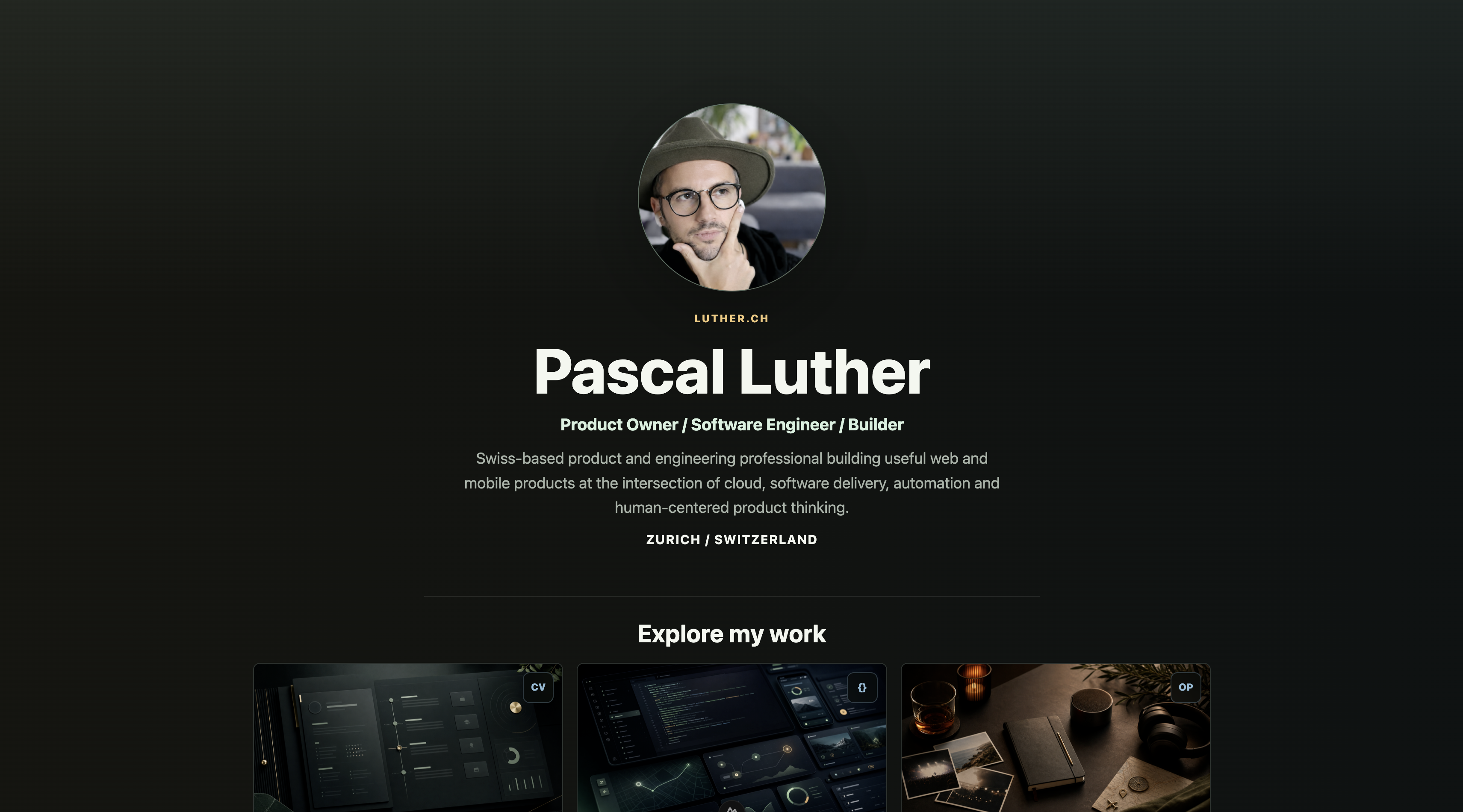 luther.ch portfolio and content hub preview.