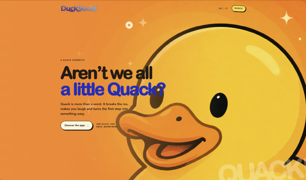 DuckSocial promotional website with its yellow duck mascot.