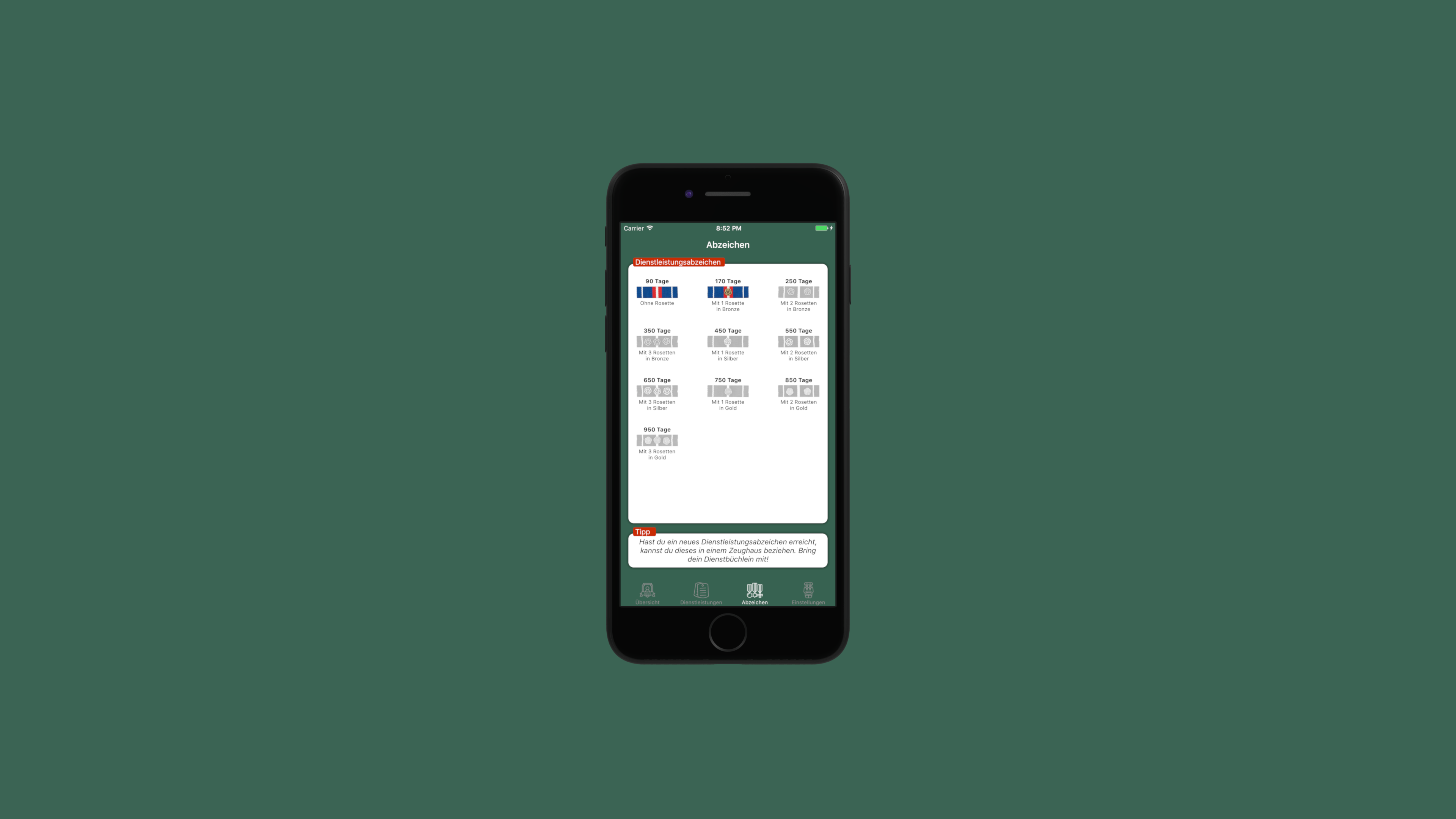 Restdiensttage phone mockup showing Swiss Armed Forces service badges by required day count.