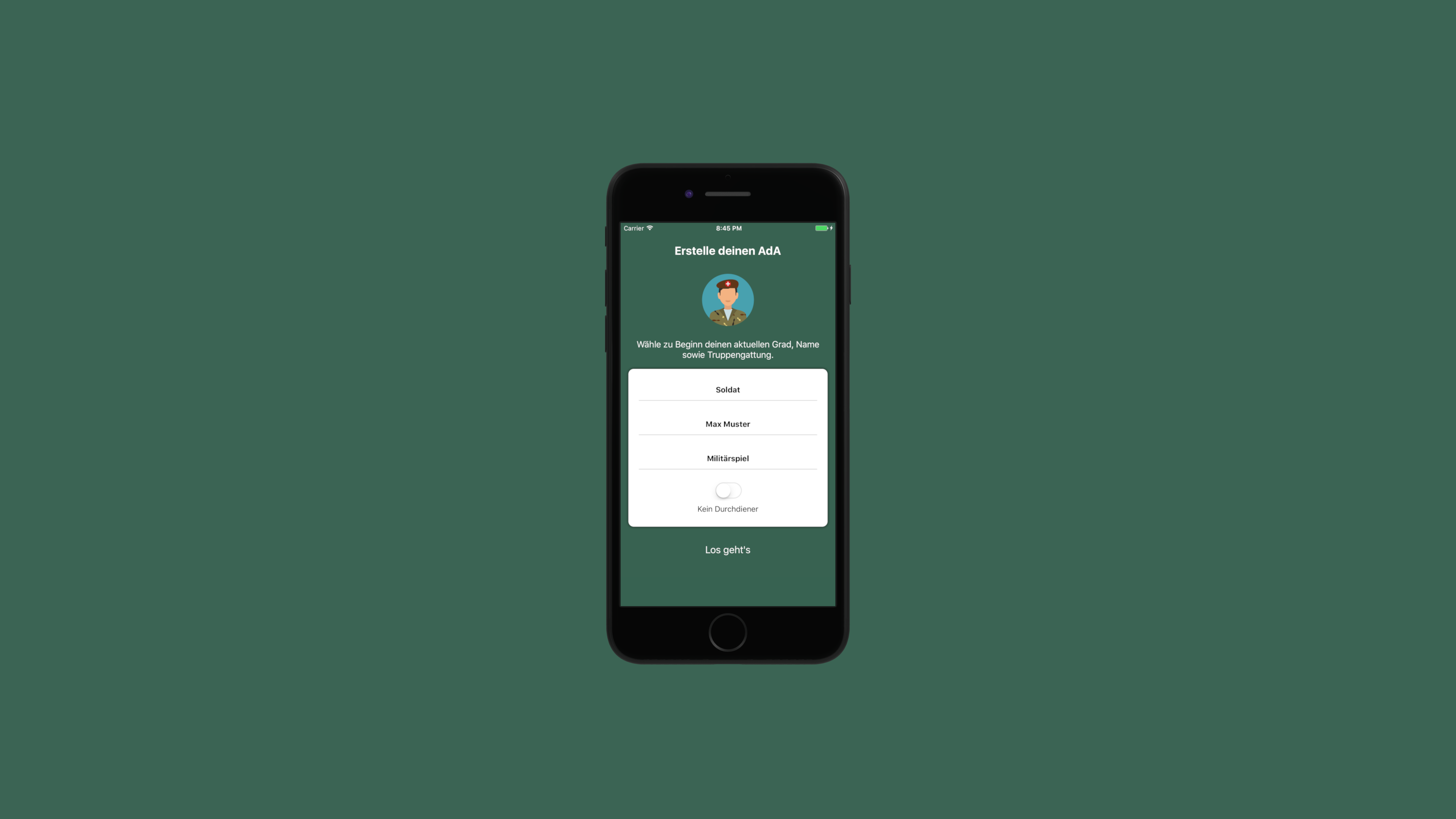 Restdiensttage phone mockup showing the onboarding screen for creating an AdA profile.