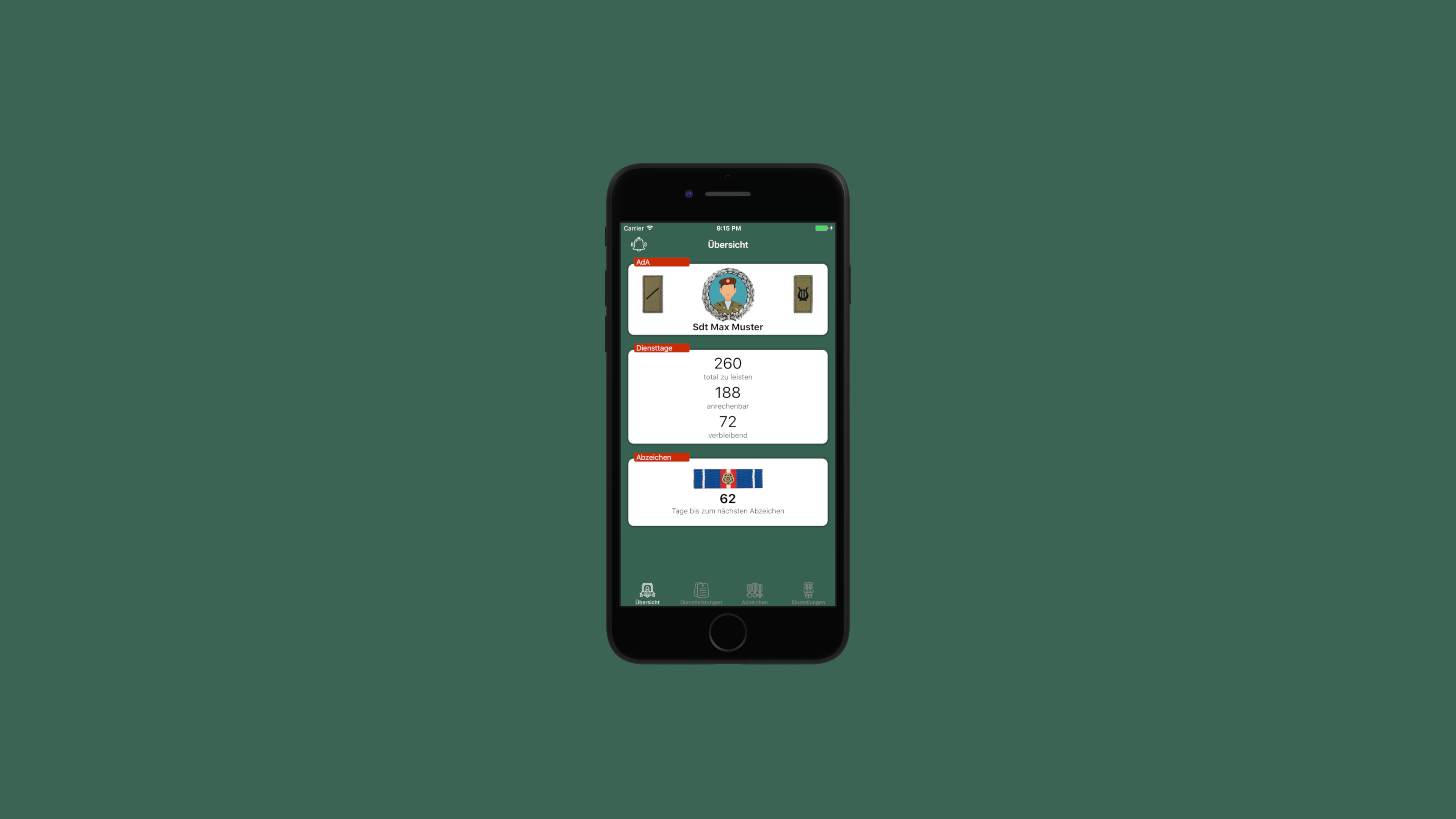 Restdiensttage phone mockup with AdA profile, service day counts and badge progress.
