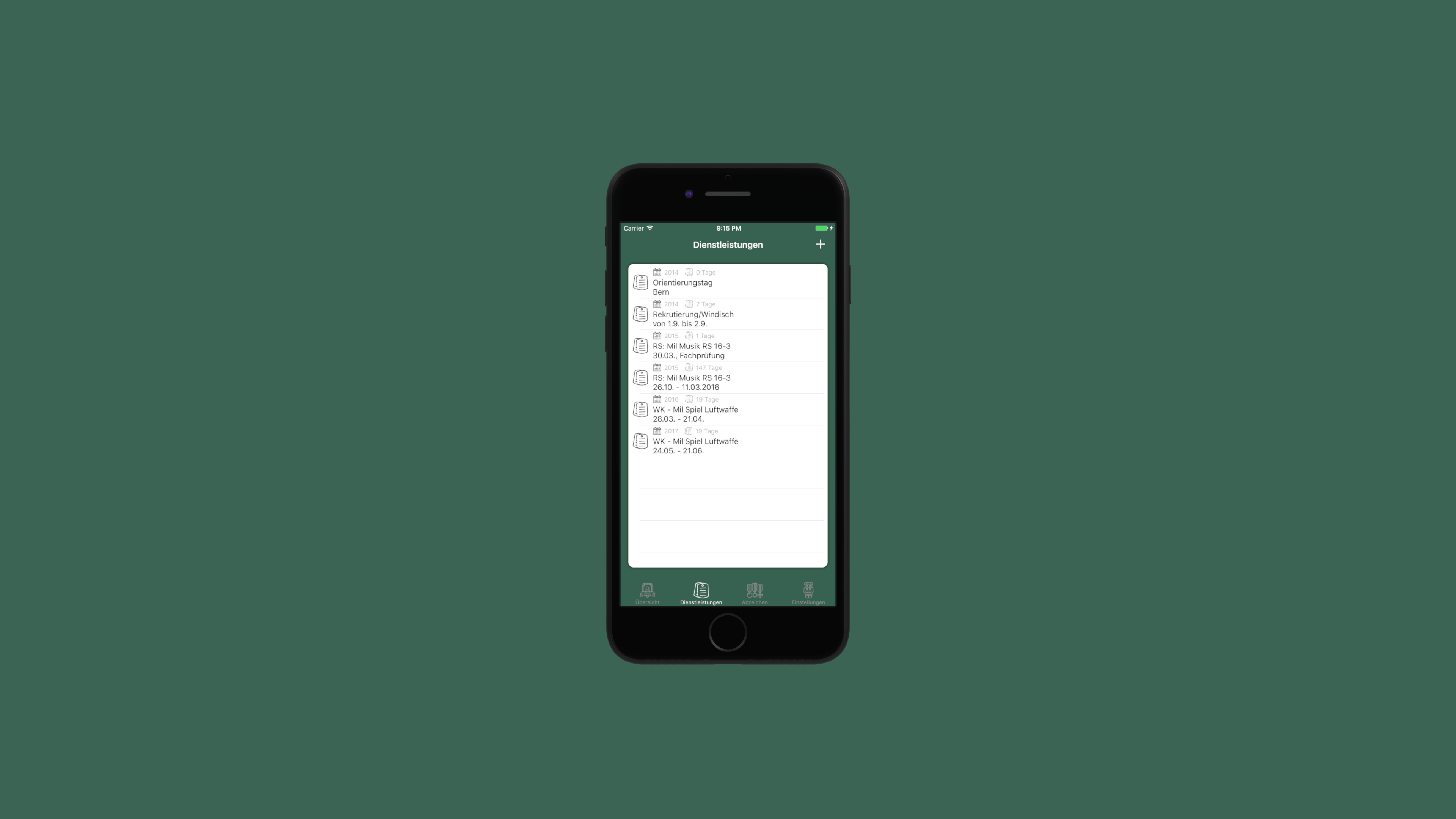 Restdiensttage phone mockup listing completed Swiss Armed Forces service periods and credited days.