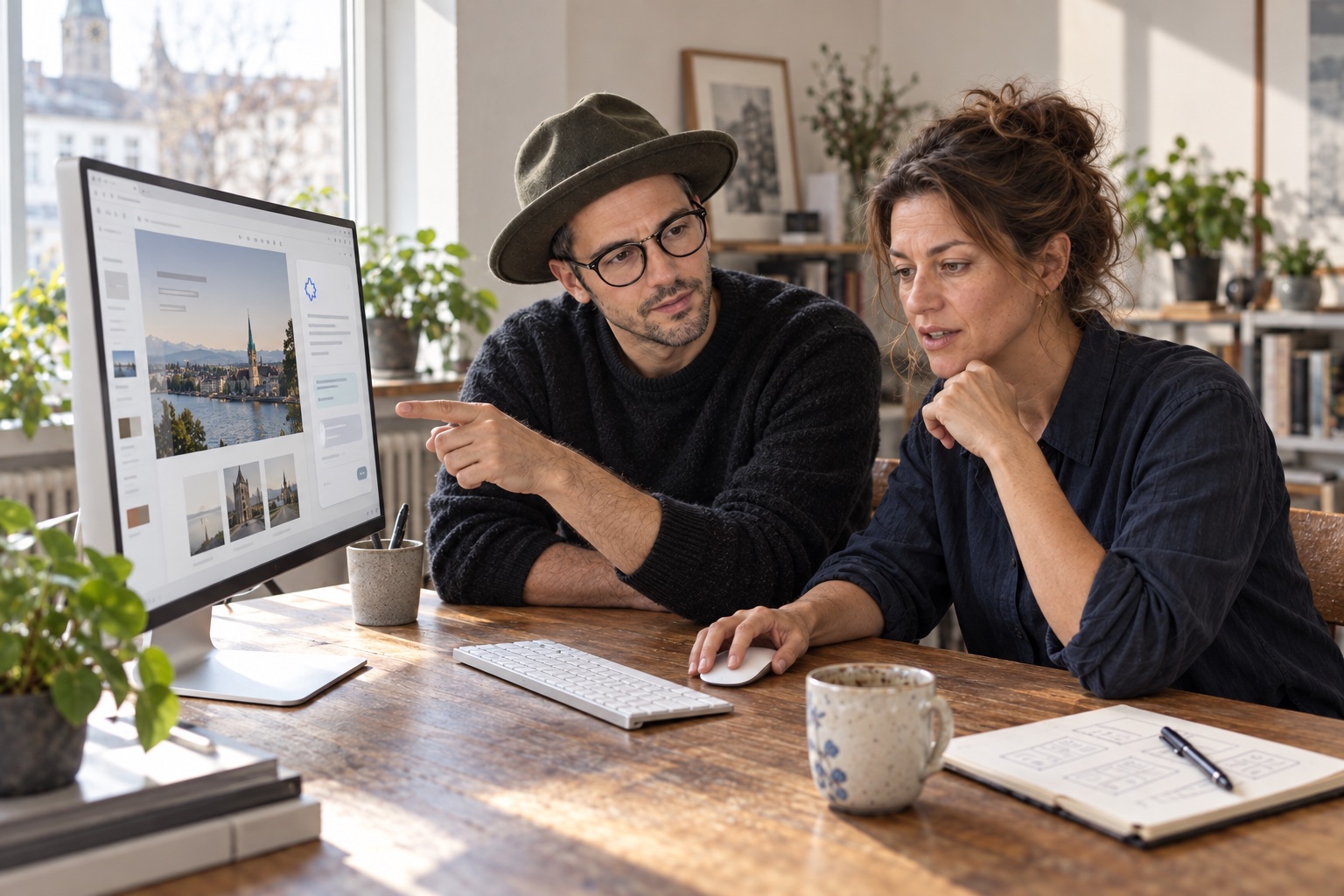 Pascal Luther guiding a client through a project at a desk with a large desktop monitor.